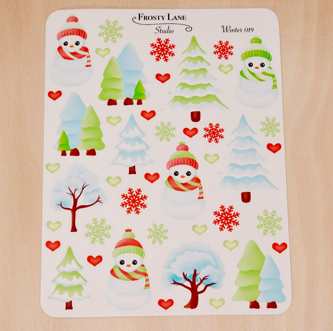 Winter019. Red and Green Winter Trees and Snowman Sticker Sheet