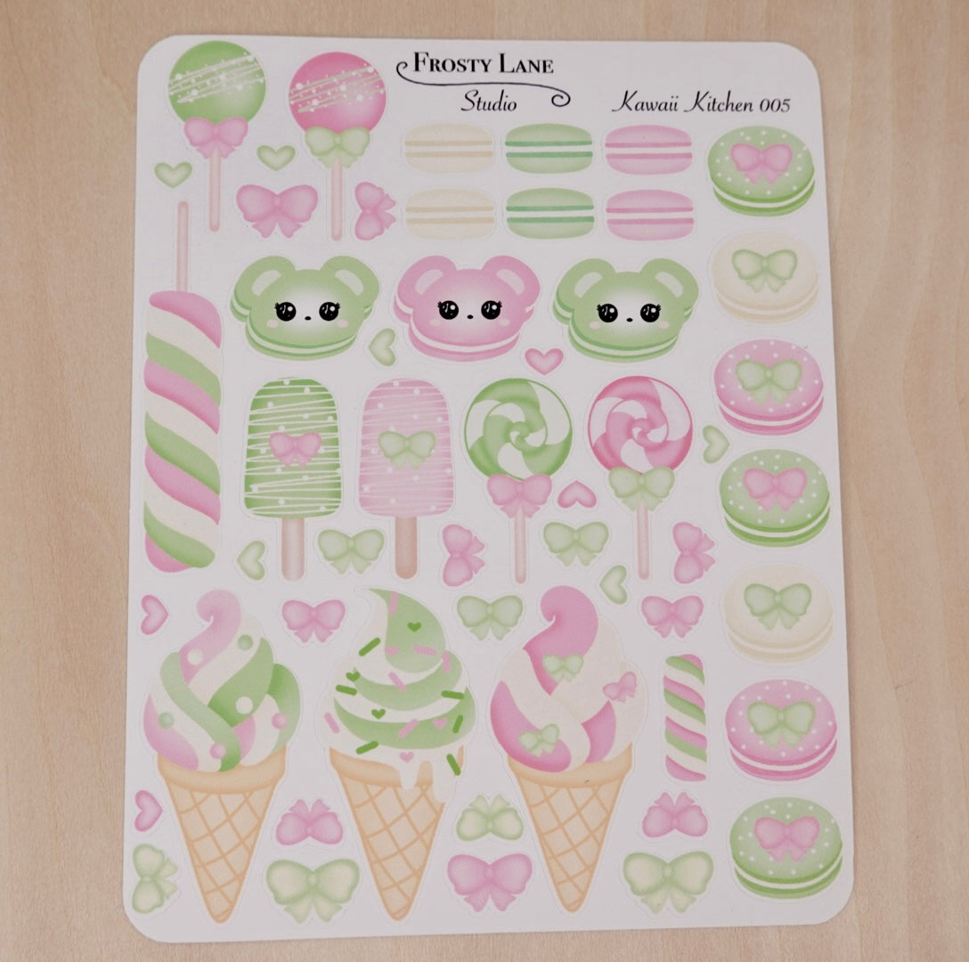 Kawaii Kitchen 005. Pink and Green Macaron, Cake Pop, Ice Cream Sticker Sheet