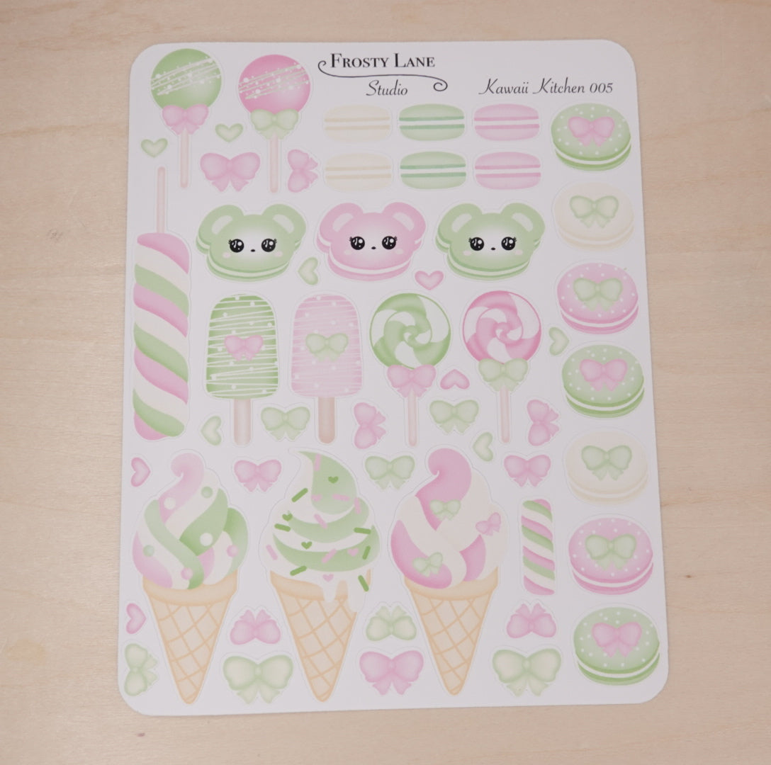 Kawaii Kitchen 005. Pink and Green Macaron, Cake Pop, Ice Cream Sticker Sheet