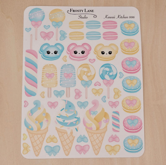 Kawaii Kitchen 006. Yellow and Blue Macaron, Cake pop, Ice cream Sticker Sheet
