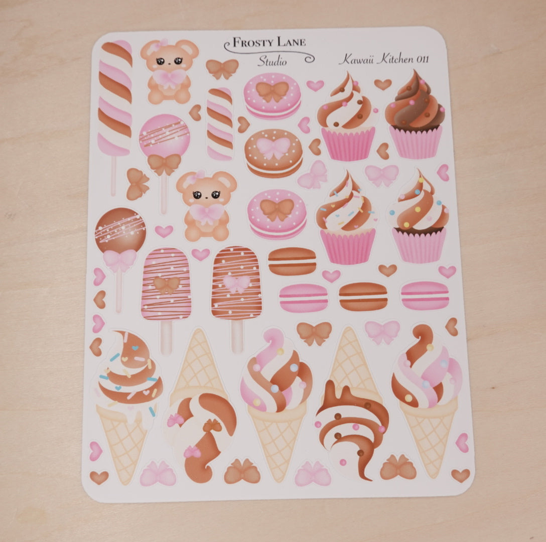 Kawaii Kitchen 011. Chocolate Desserts, Pink and Brown Cupcake, Cake pop, Ice cream Sticker Sheet