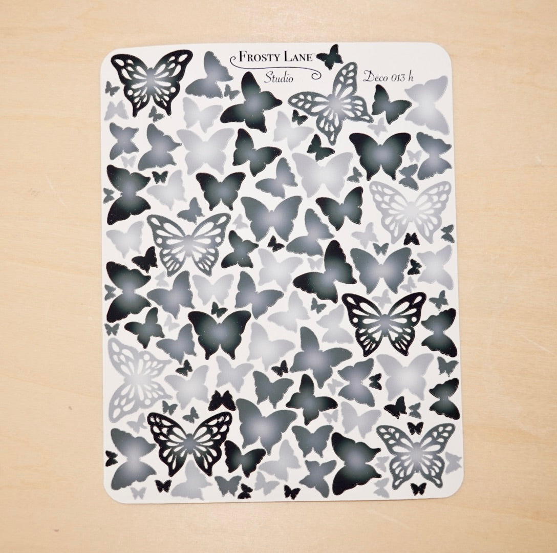 Deco013.h. Black and Grey Butterfly Sticker Sheet
