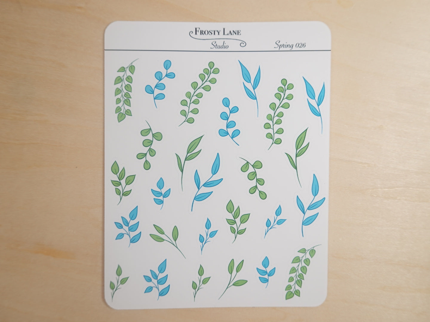 Spring026. Blue and Green Leaves Sticker Sheet