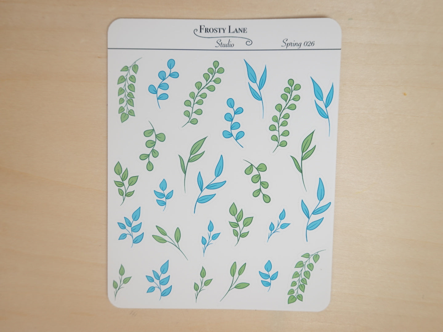 Spring026. Blue and Green Leaves Sticker Sheet