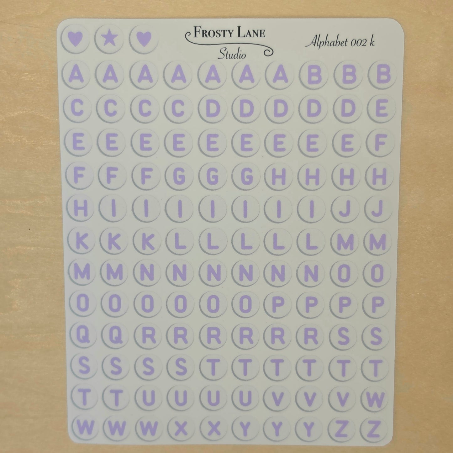 Alphabet 002.k. purple letters and white circle