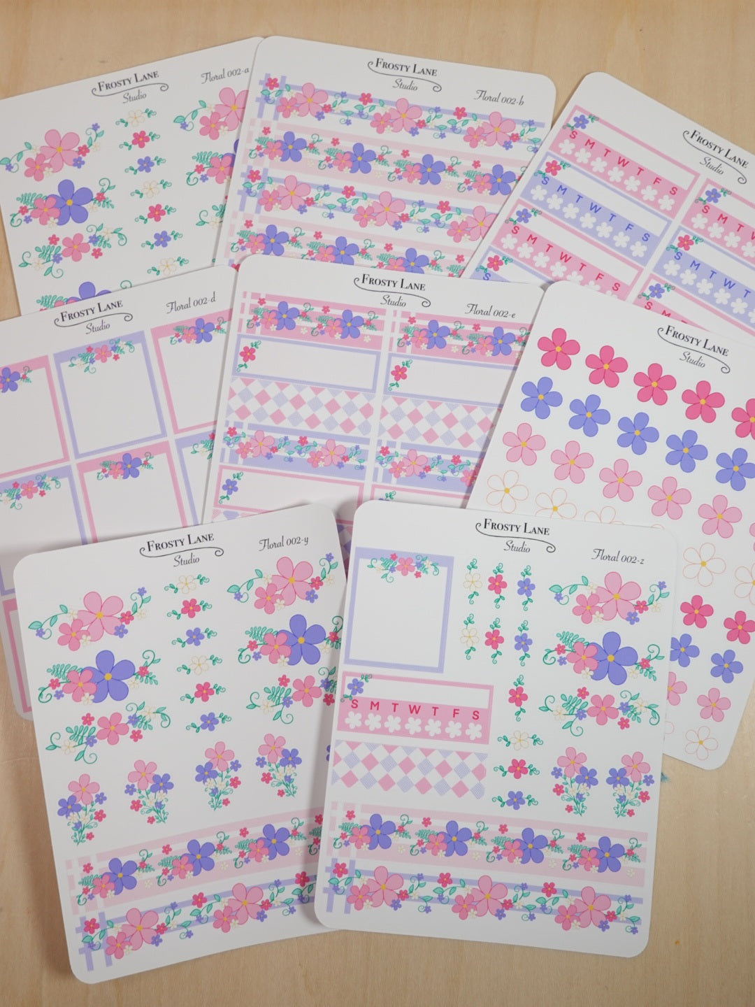 Floral 002 A-F & Y-Z Pink and Purple Florals Sticker Sheets
