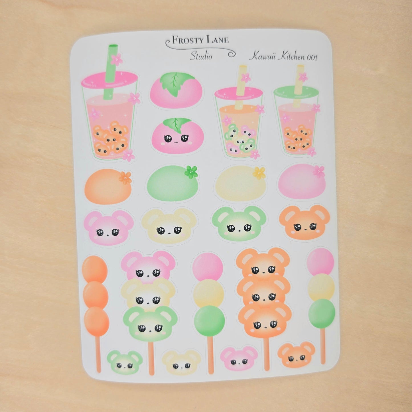 Kawaii Kitchen 001. Mochi, Dango, Bear Sticker Sheet