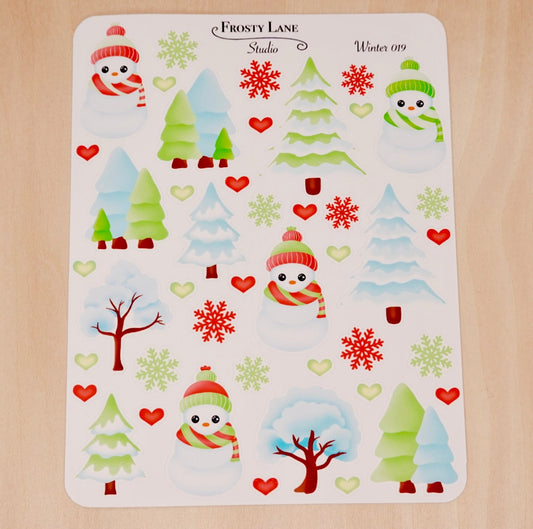Winter019. Red and Green Winter Trees and Snowman Sticker Sheet