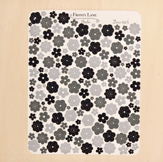Deco021.h. Black an/d Grey Flower Outline Sticker Sheet