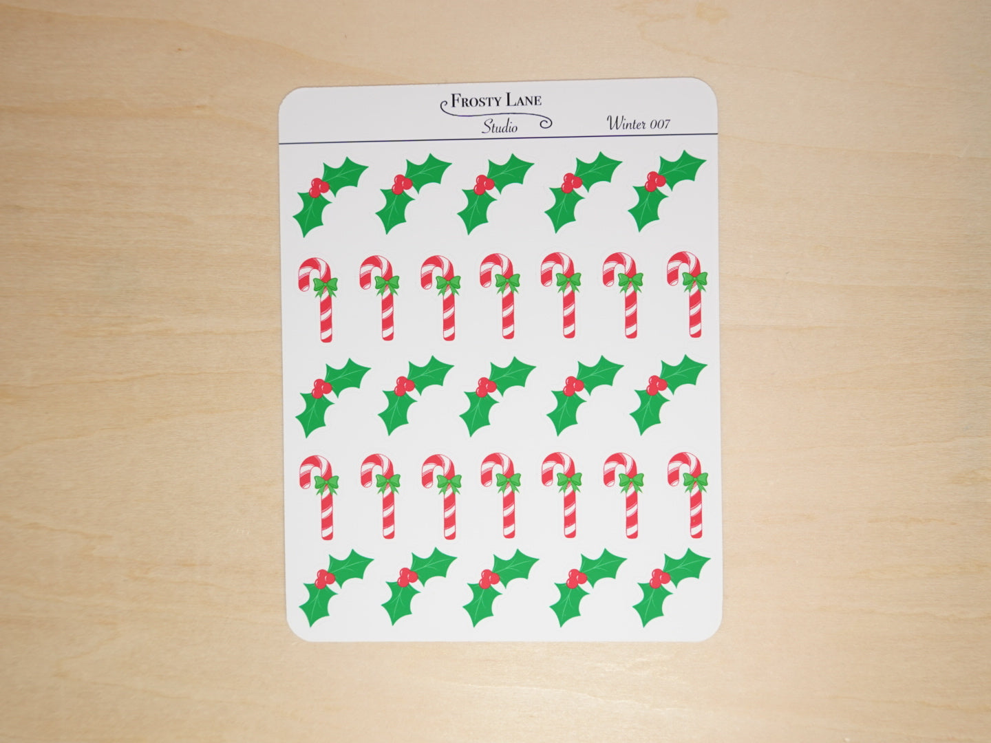 Winter007. Holly and Candy Cane with Green Bow Sticker Sheet