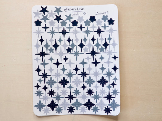 Deco007.h. Black and Grey Stars and Sparkles Sticker Sheet