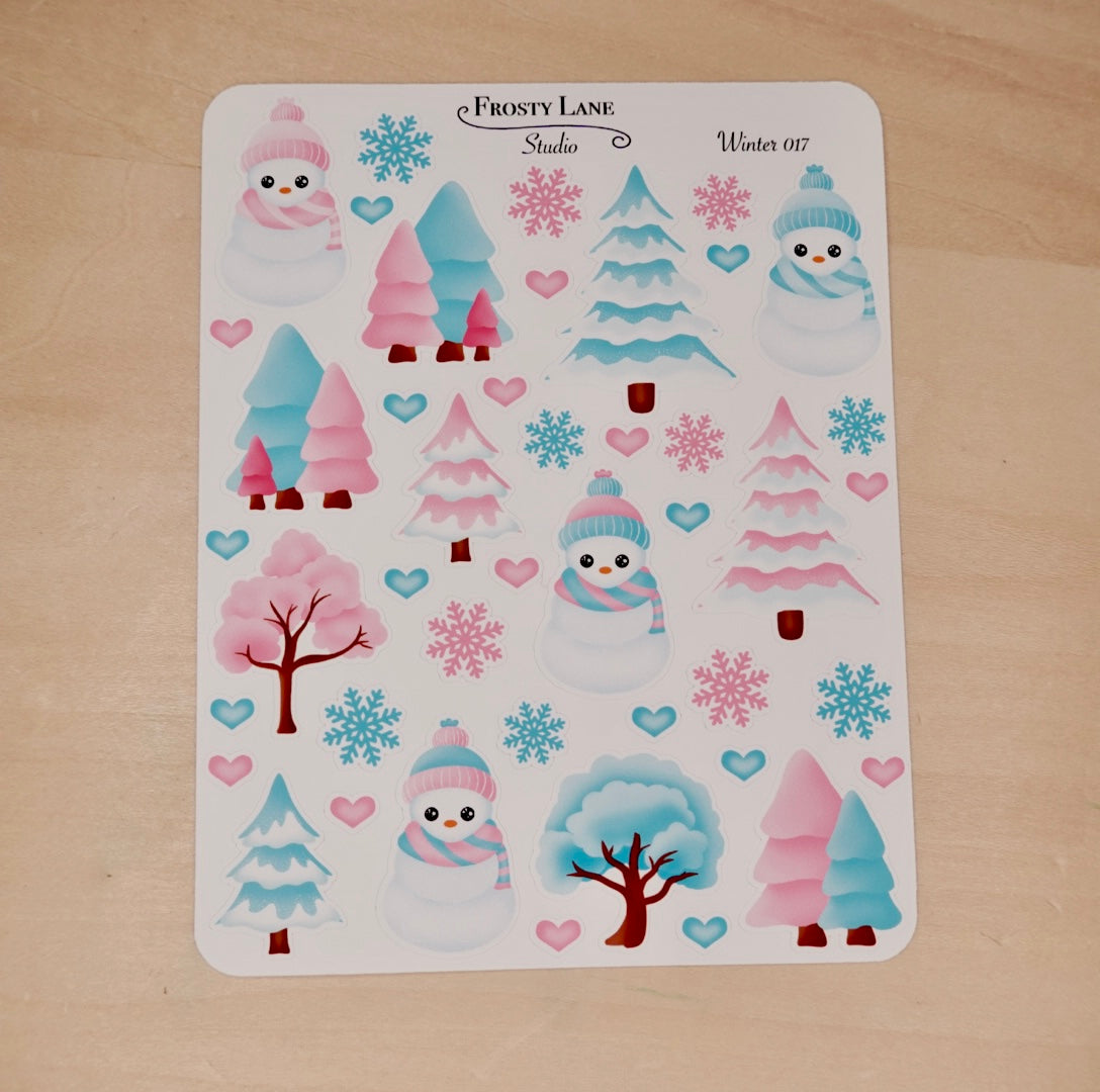 Winter017. Pink and Blue Winter Tree and Snowman Sticker Sheet