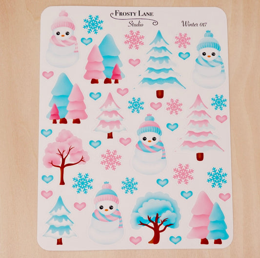 Winter017. Pink and Blue Winter Tree and Snowman Sticker Sheet