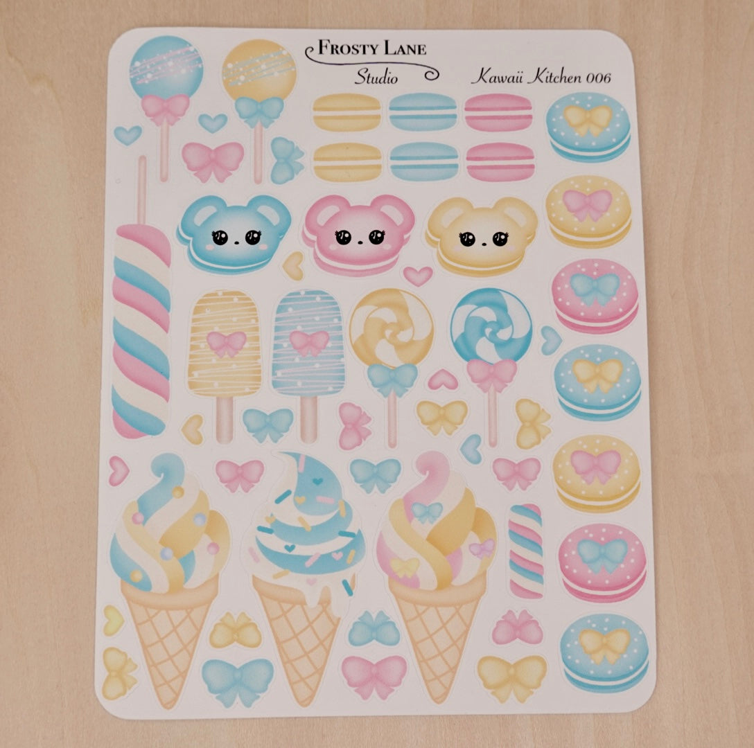 Kawaii Kitchen 006. Yellow and Blue Macaron, Cake pop, Ice cream Sticker Sheet