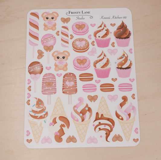 Kawaii Kitchen 011. Chocolate Desserts, Pink and Brown Cupcake, Cake pop, Ice cream Sticker Sheet