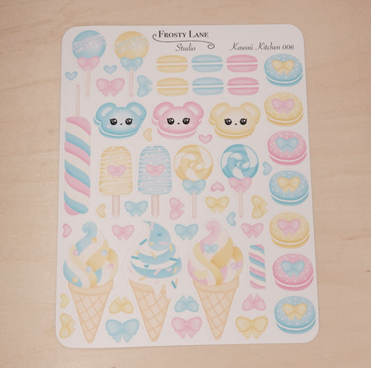 Kawaii Kitchen 006. Yellow and Blue Macaron, Cake pop, Ice cream Sticker Sheet