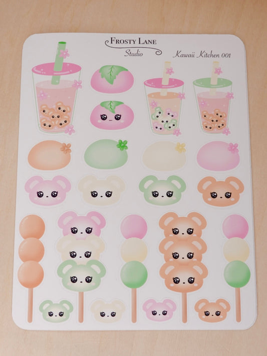 Kawaii Kitchen 001. Mochi, Dango, Bear Sticker Sheet