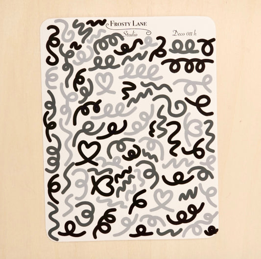 Deco011.h. Black and Grey Confetti Outline Sticker Sheet