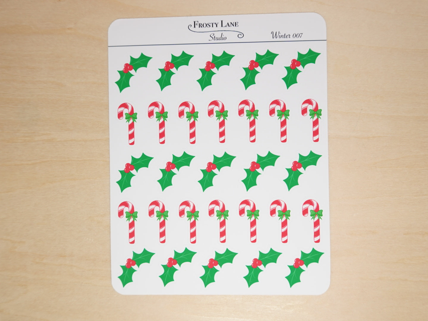 Winter007. Holly and Candy Cane with Green Bow Sticker Sheet