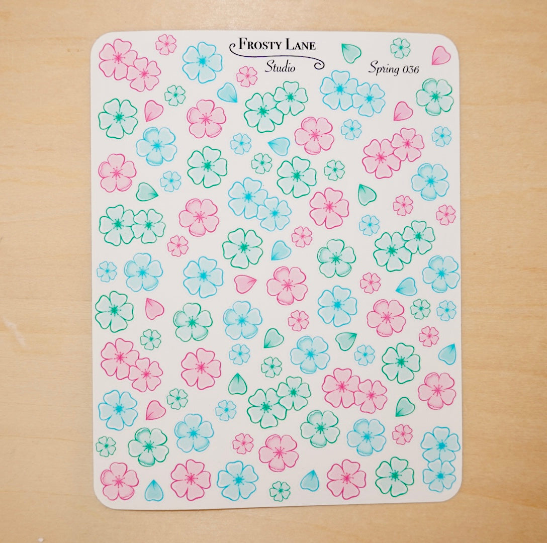 Spring036. Mini Pink Blue Green Blossom Sticker Sheet