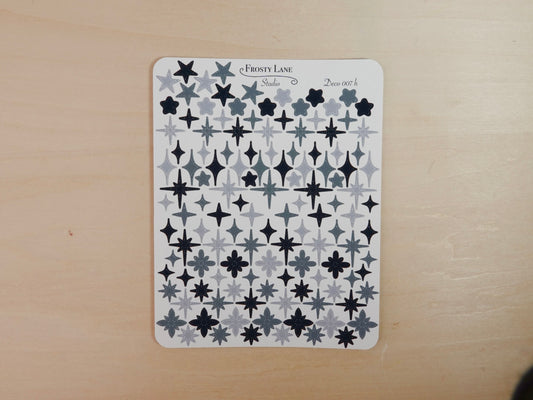 Deco007.h. Black and Grey Stars and Sparkles Sticker Sheet