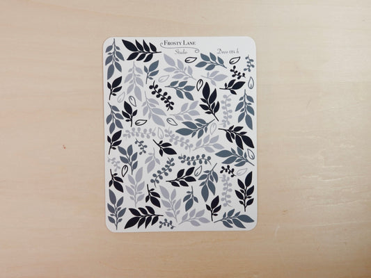 Deco014.h. Black and Grey Foliage Sticker Sheet