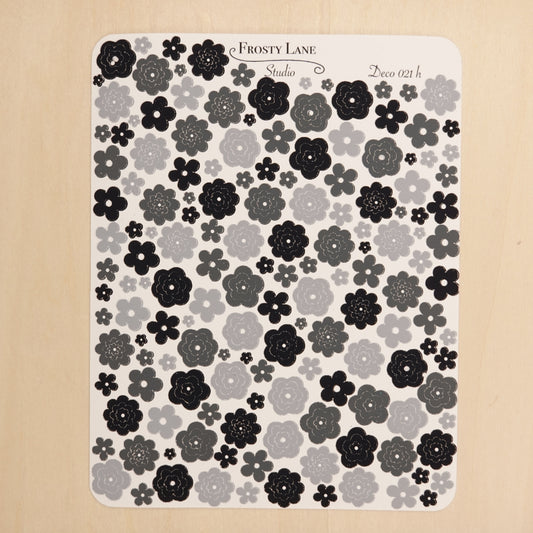 Deco021.h. Black and Grey Flower Outline Sticker Sheet