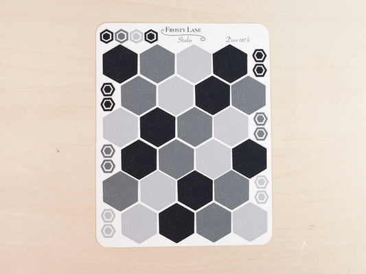 Deco017.h. Black and Grey Hexagon Outline Sticker Sheet