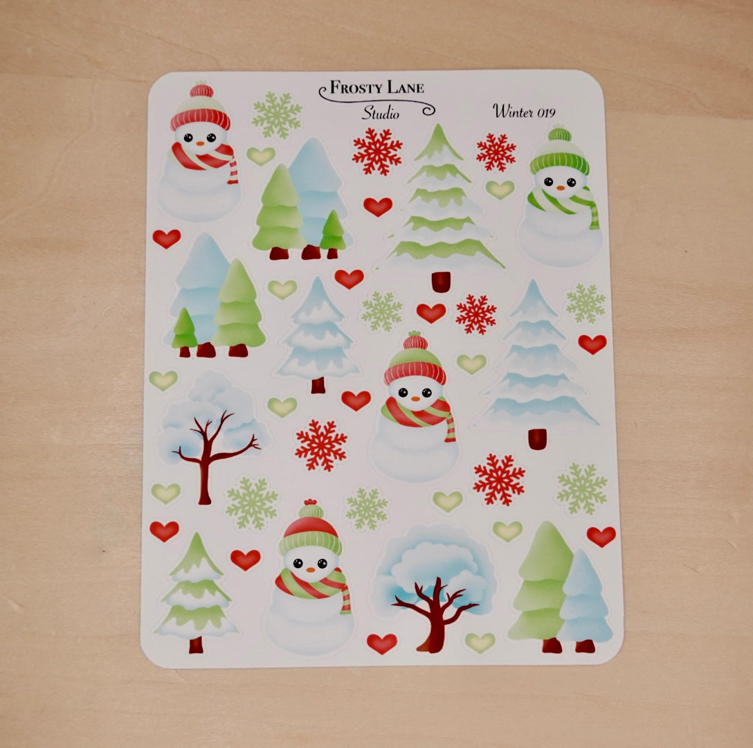 Winter019. Red and Green Winter Trees and Snowman Sticker Sheet