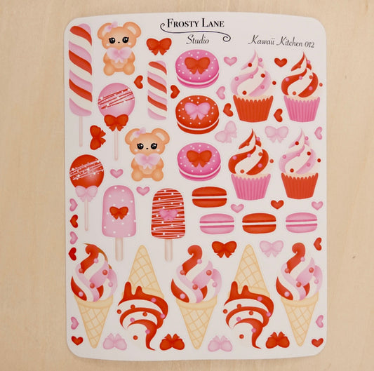 Kawaii Kitchen 012. Valentine Desserts, Pink and Brown Cupcake, Cake pop, Ice cream Sticker Sheet