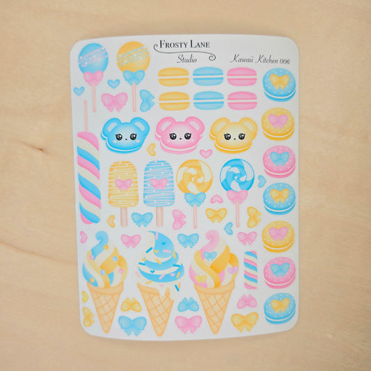 Kawaii Kitchen 006. Yellow and Blue Macaron, Cake pop, Ice cream Sticker Sheet