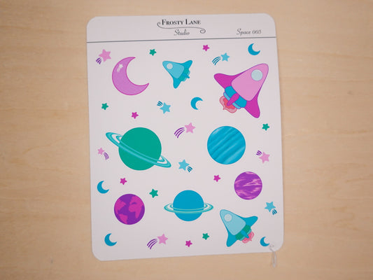 Space003. Blue and Purple Planets and Stars Sticker Sheet