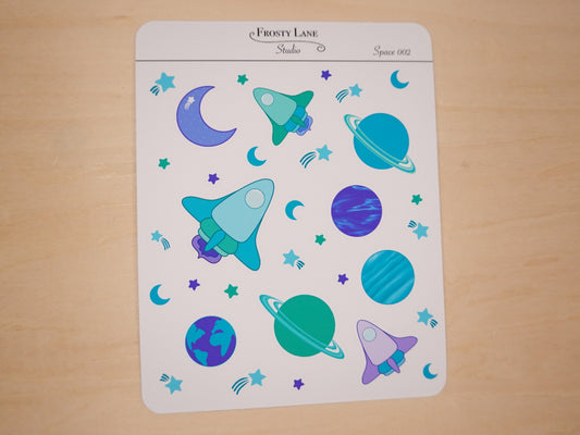 Space002. Blue and Teal Planets and stars Sticker Sheet