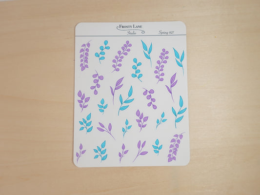 Spring027. Blue and Purple Leaves Sticker Sheet