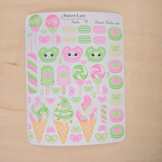 Kawaii Kitchen 005. Pink and Green Macaron,  Cake Pop, Ice Cream Sticker Sheet