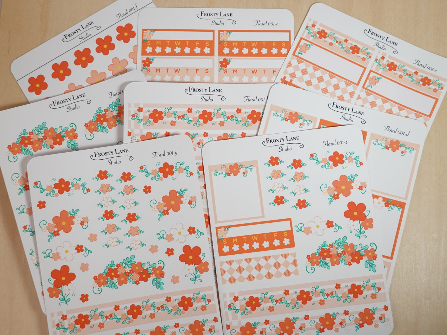 Floral 001 A-F & Y-Z Orange Florals Sticker Sheets