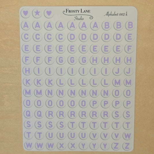 Alphabet 002.k. purple letters and white circle