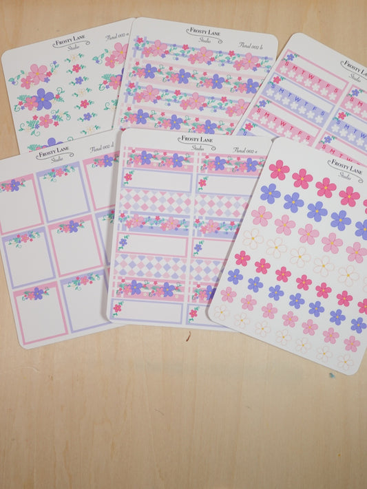 Floral 002 A-F  Pink and Purple Florals Sticker Sheets