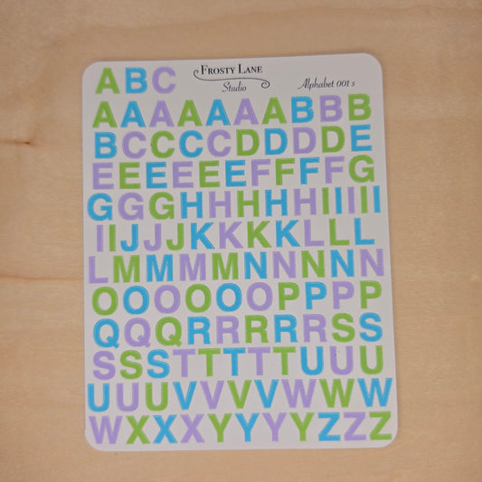 Alphabet 001.s. pastel green blue purple
