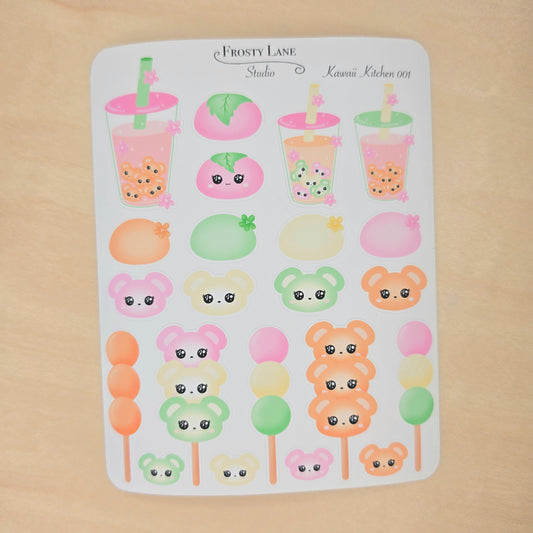 Kawaii Kitchen 001. Mochi, Dango, Bear Sticker Sheet